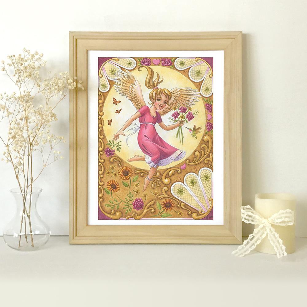 Art print of an angel girl in a pink dress surrounded by neo-victorian floral embellishments.