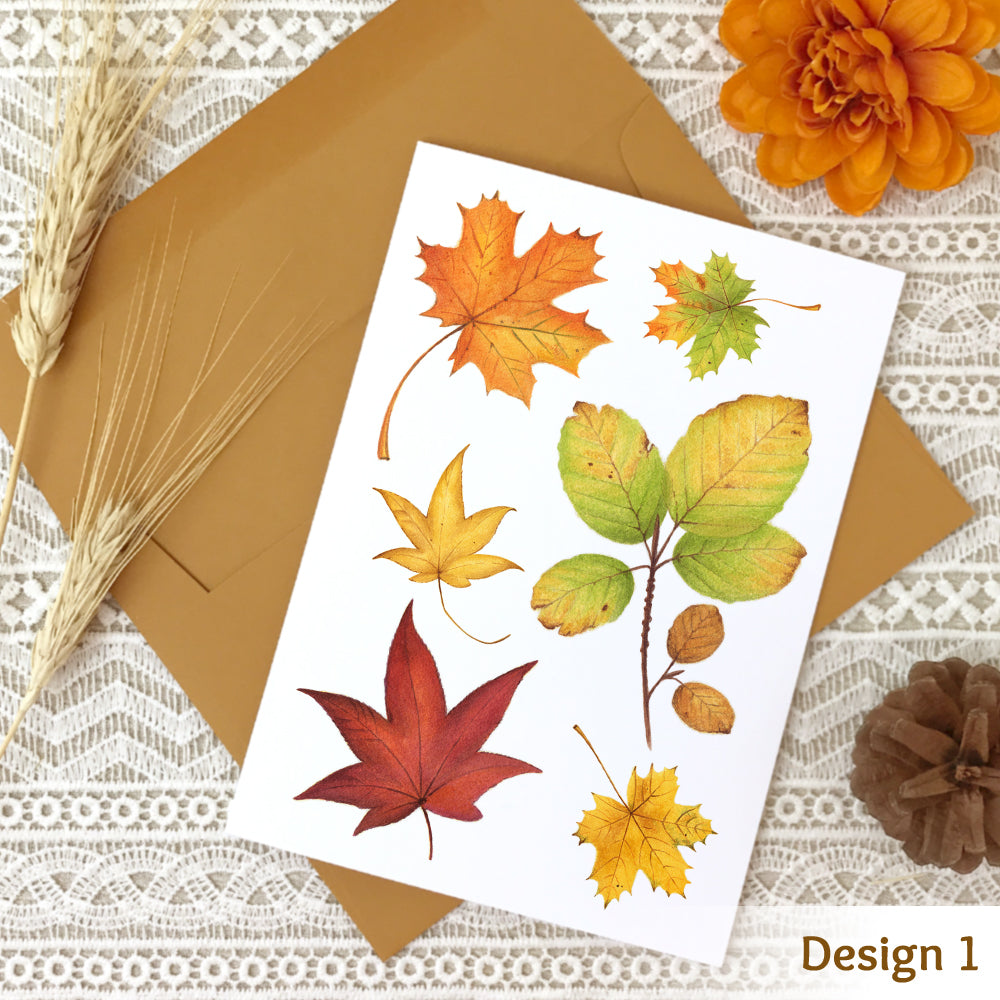 Fall note card design #1 with a collage of watercolor autumn leaves.