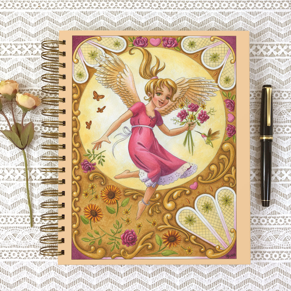 Cover of Angel Blessings 8x10 size hardcover journal notebook. Angel girl in pink dress holds a bouquet of flowers.