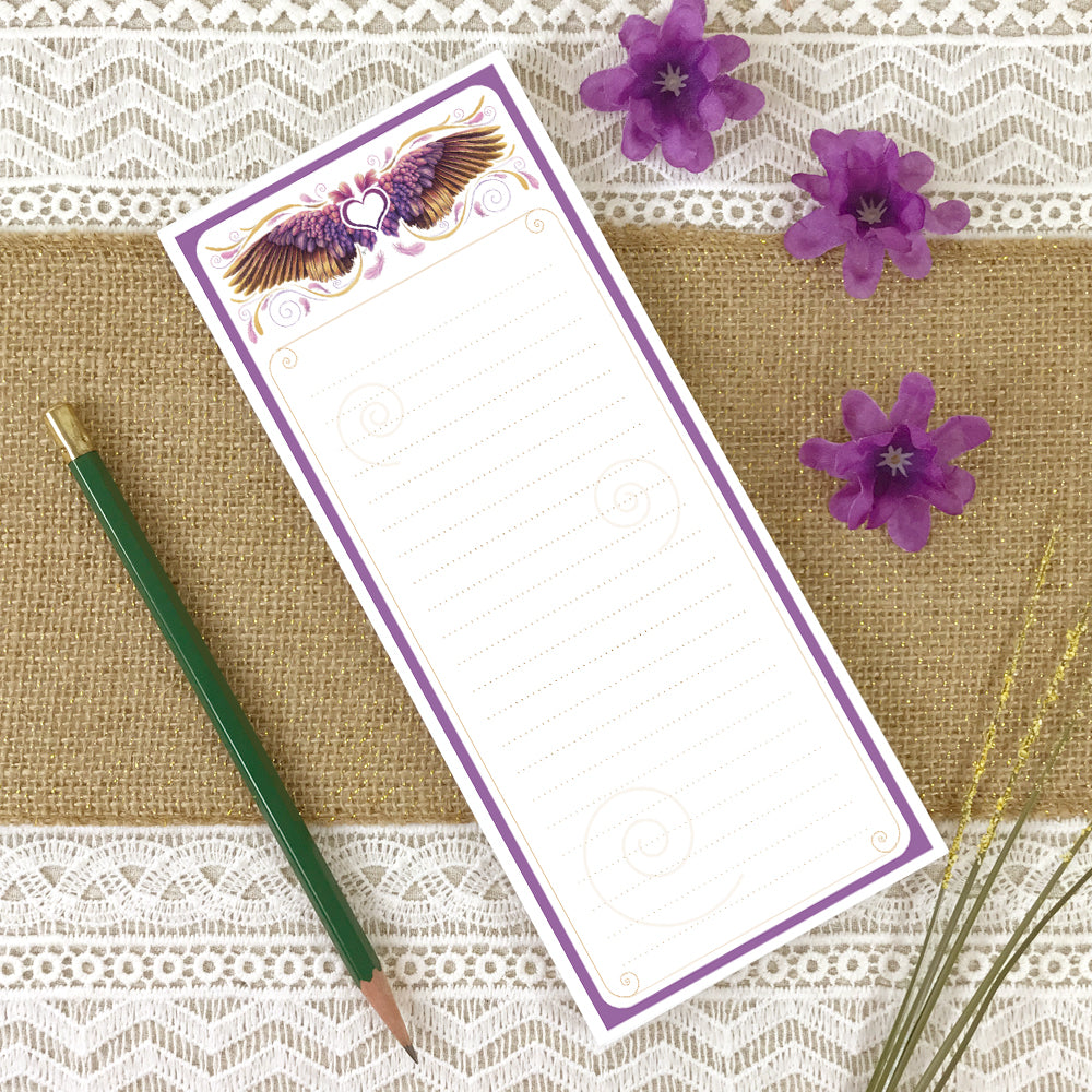 Lined grocery list notepad with purple, pink, gold angel wing artwork from original watercolor painting.