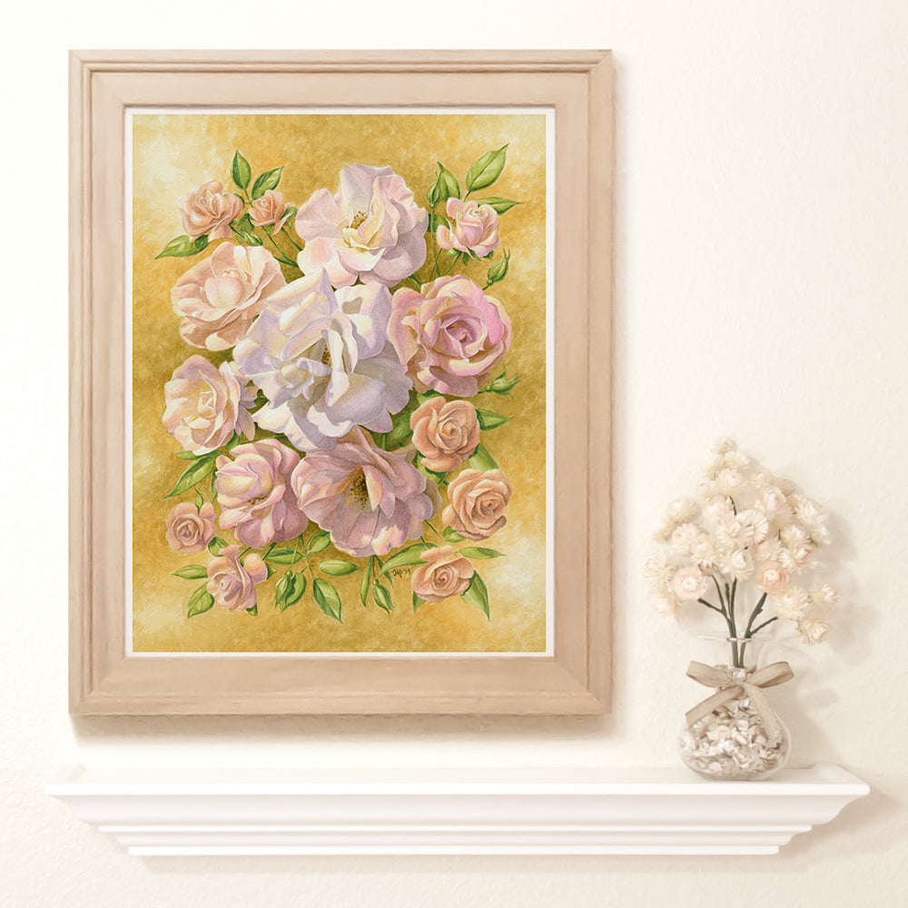 Watercolor painting of a bouquet of roses in shades of pink, peach and white on a golden background.