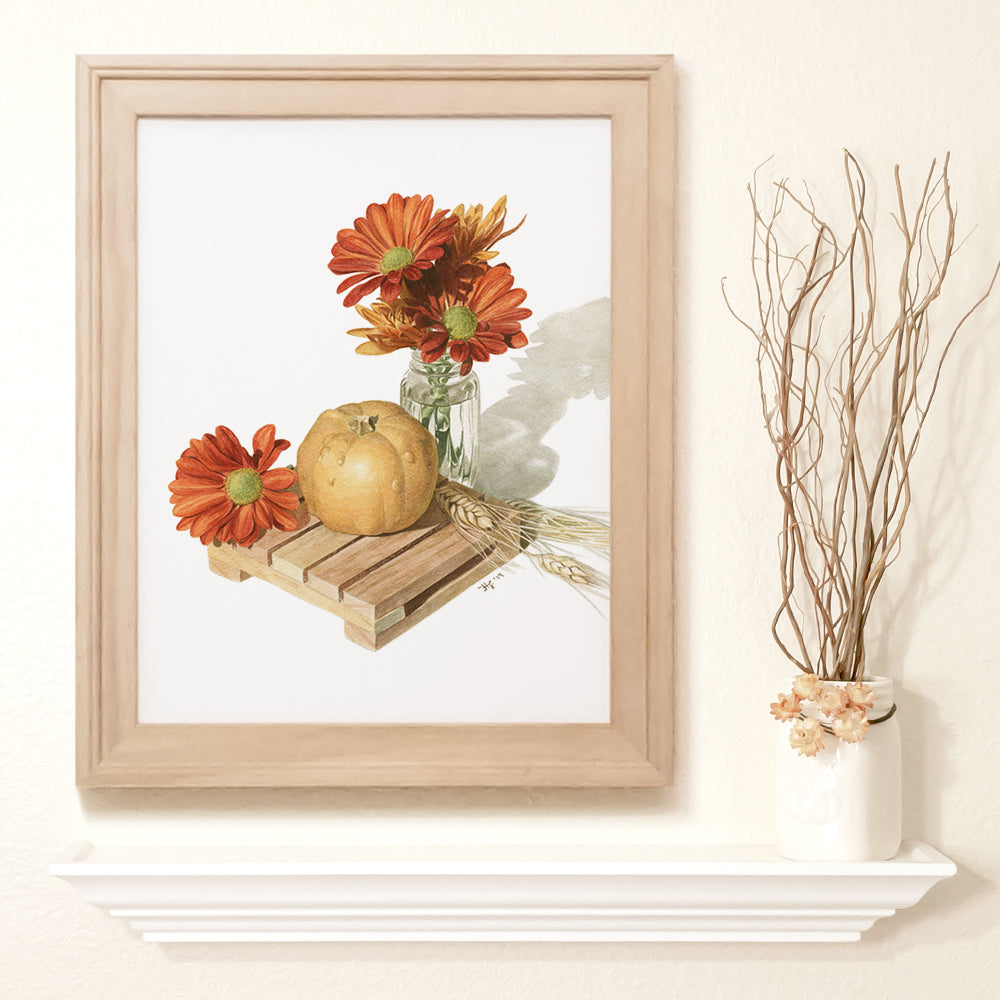 Autumn still life watercolor painting of a small gourd sitting on a wooden palette, red orange flowers in a vase, and some wheat.