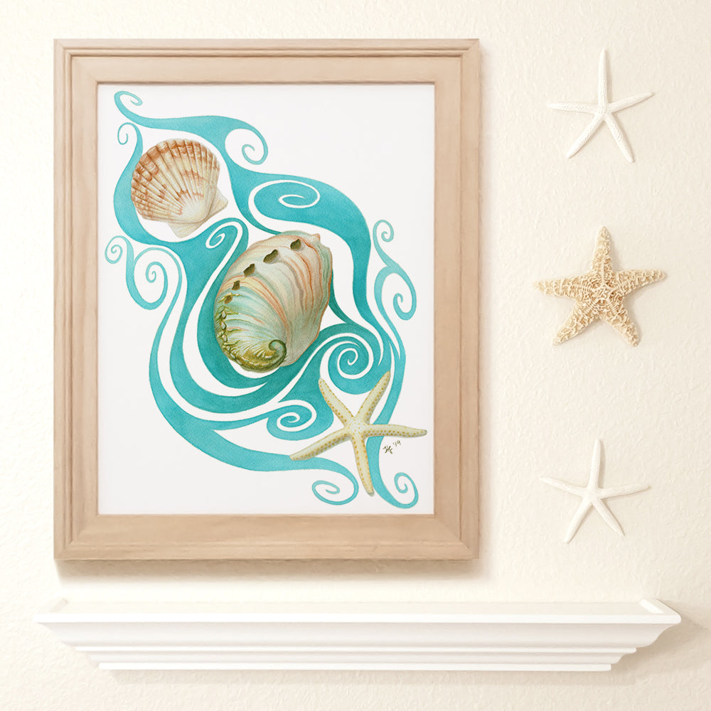 Watercolor collage of seashells and a starfish with turquoise swirls.