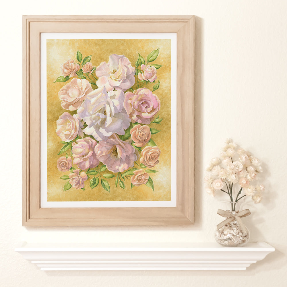 Print of a watercolor painting of pink roses.