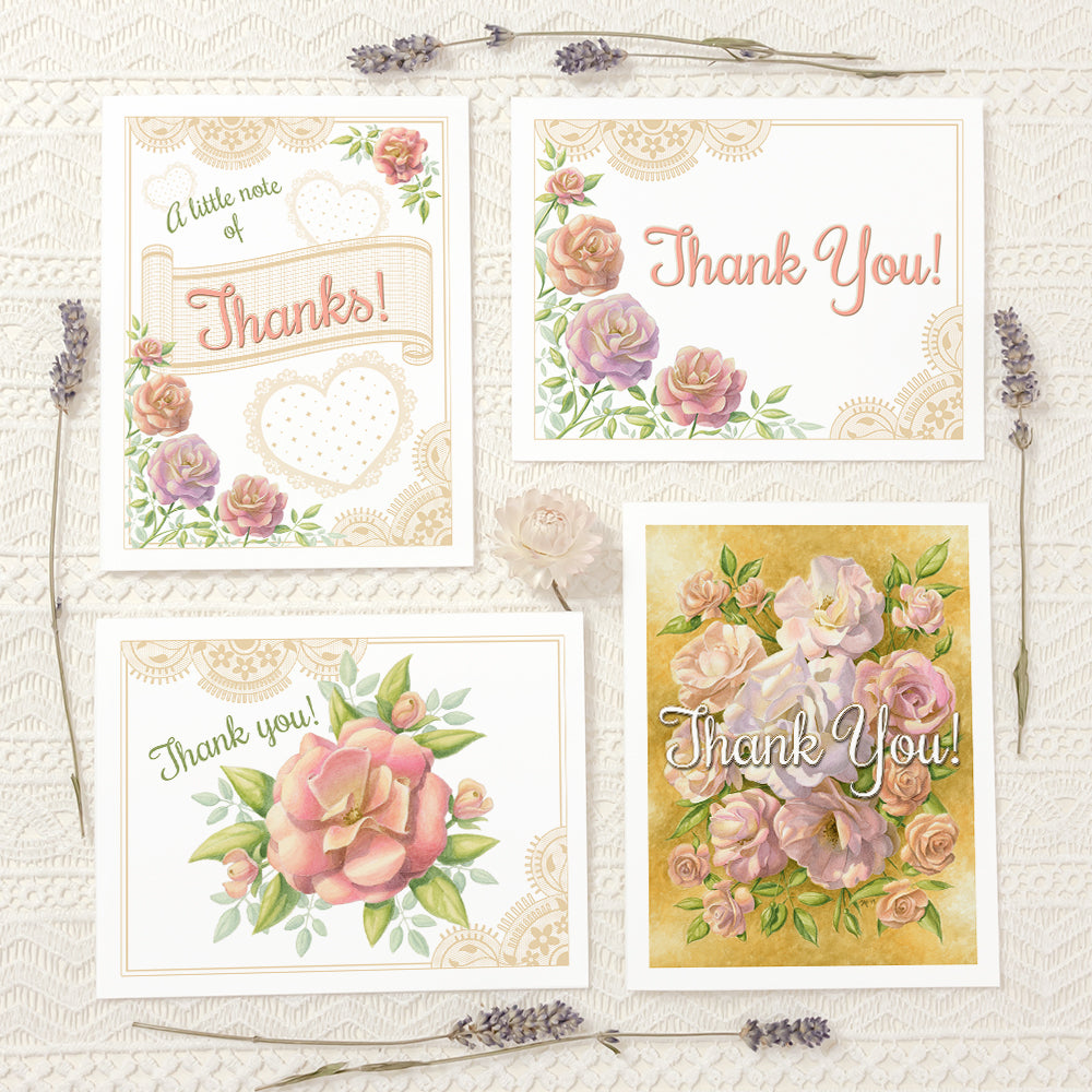 Set of 4 thank you cards featuring roses and neo-victorian lace motifs.