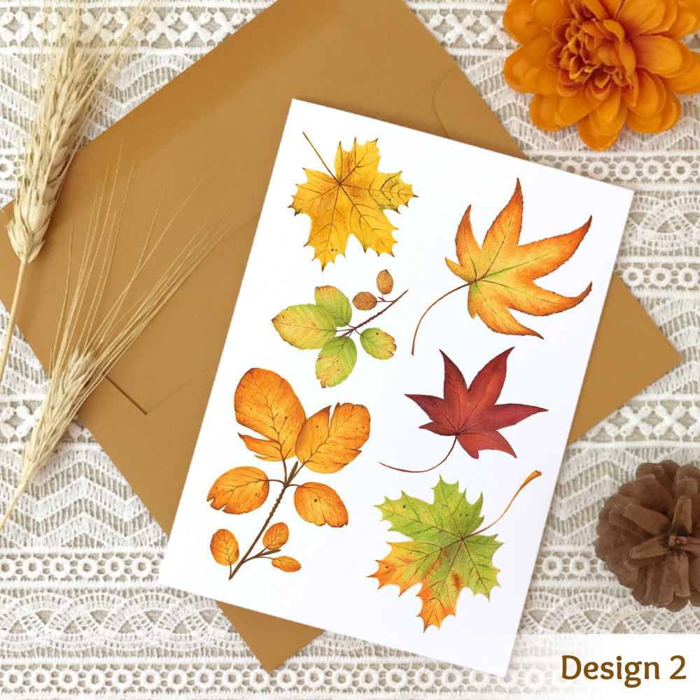 Fall note card design #2 with a collage of watercolor autumn leaves.