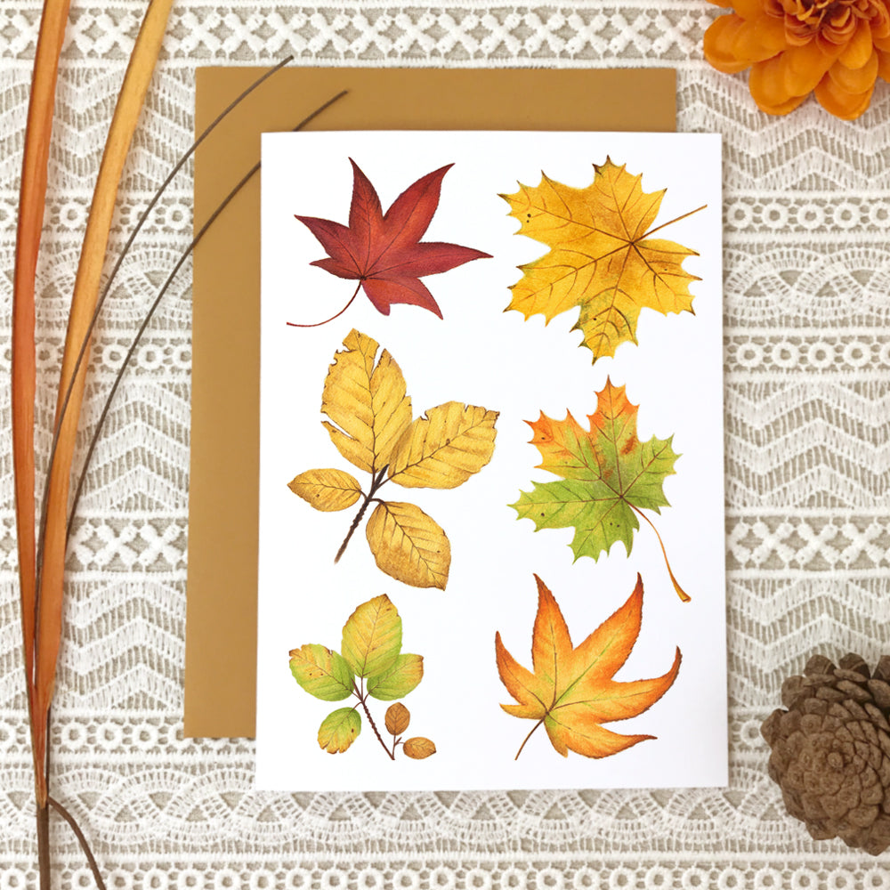 Fall note card design #3 with a collage of watercolor autumn leaves.