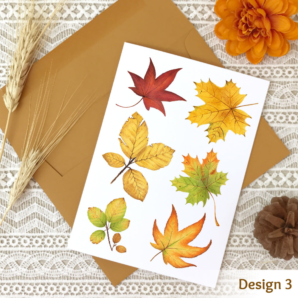 Fall note card design #3 with a collage of watercolor autumn leaves.