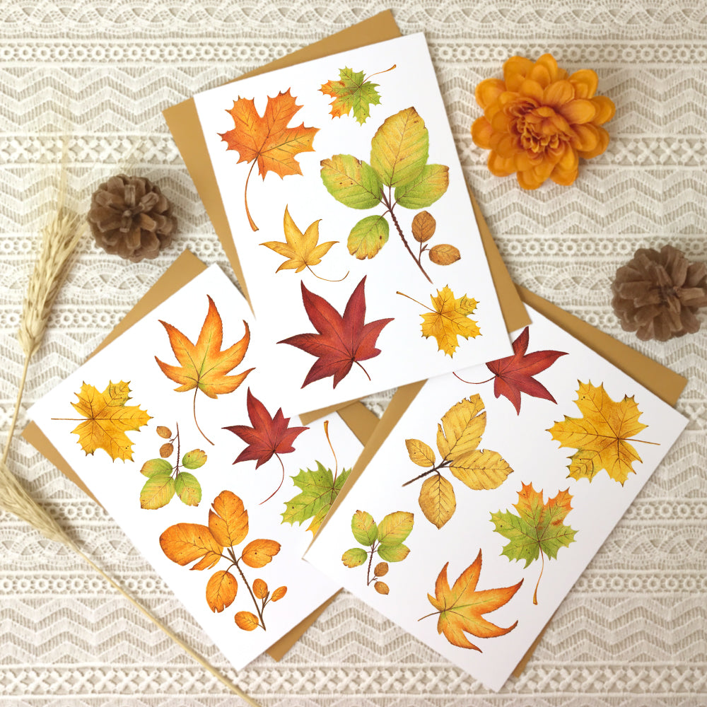 Set of 3 autumn note cards with different collages of fall leaves.