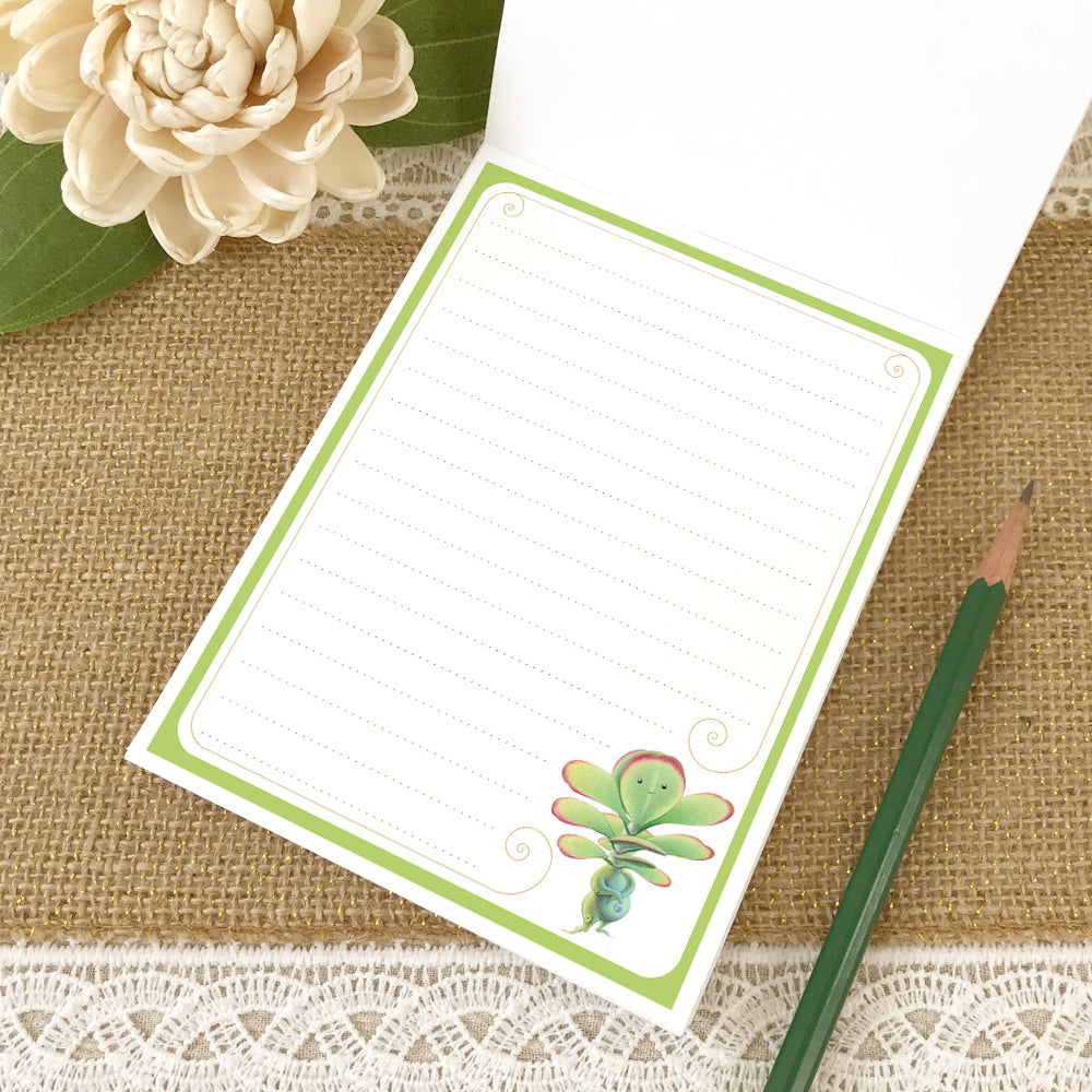 Second page of small lined notepad with illustration of a cute flapjack succulent in the bottom right corner.
