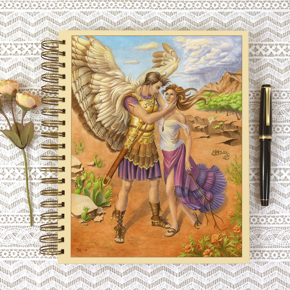 Cover of Archangel Gabriel dream or prayer journal. Archangel Gabriel holds up a suffering young woman and lends her his strength.